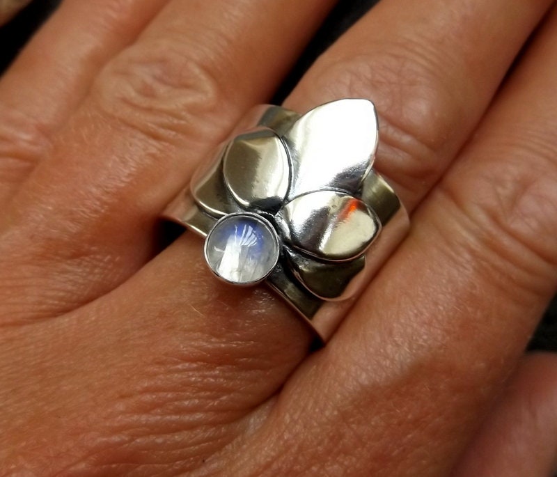 Silver Lotus Ring with moonstone Gemstone Flower statement ring with precious stone