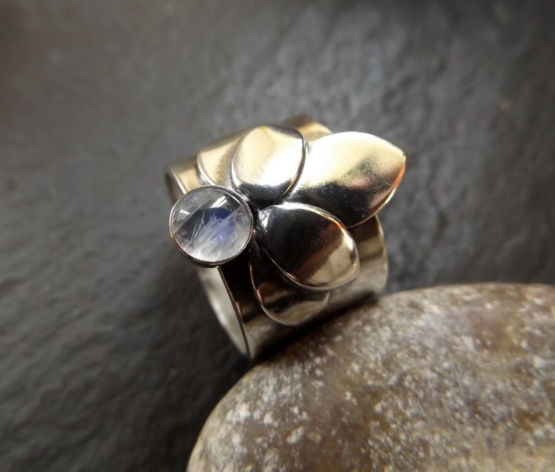 Silver Lotus Ring with moonstone Gemstone Flower statement ring with precious stone