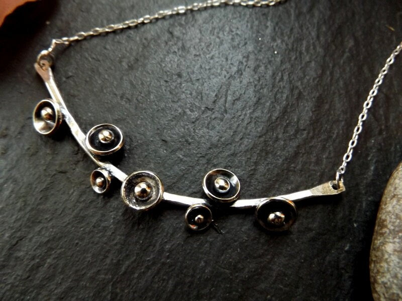 Silver bar necklace choker with silver blossom buds and silver balls