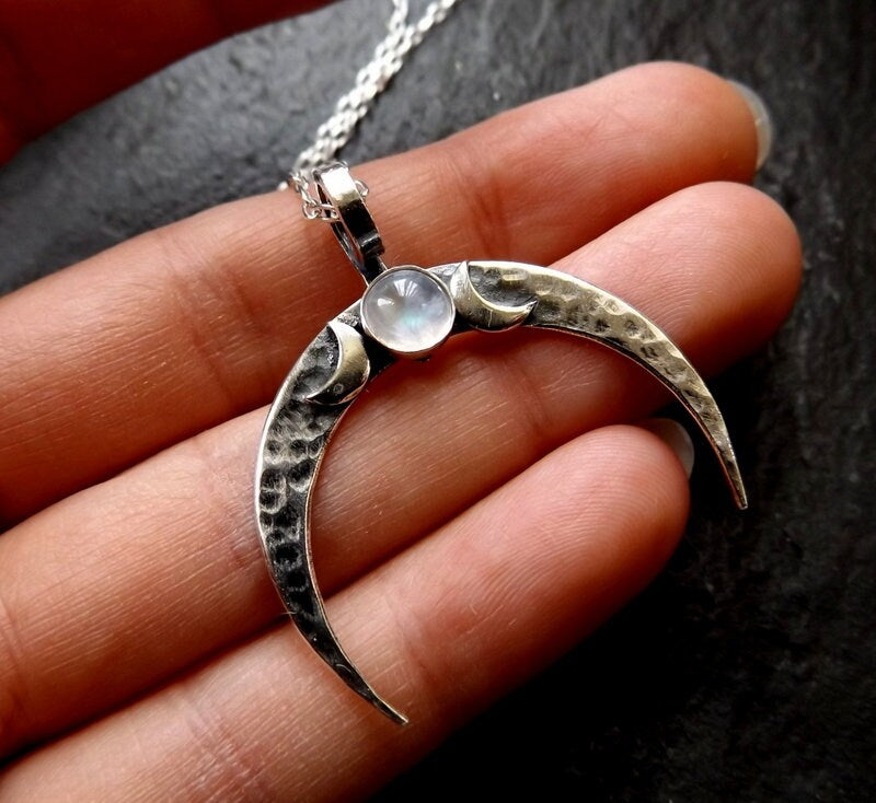 Silver Crescent Moon Hammered  moonstone Pendant with triplemoon detail Textured moon necklace with chain