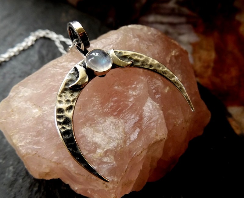 Silver Crescent Moon Hammered  moonstone Pendant with triplemoon detail Textured moon necklace with chain