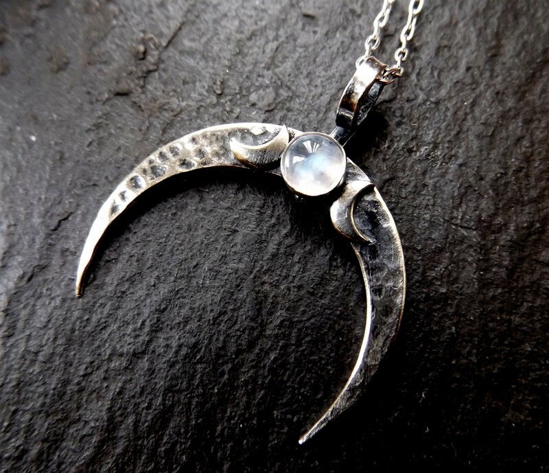 Silver Crescent Moon Hammered  moonstone Pendant with triplemoon detail Textured moon necklace with chain