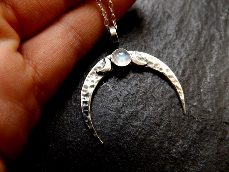Silver Crescent Moon Hammered  moonstone Pendant with triplemoon detail Textured moon necklace with chain
