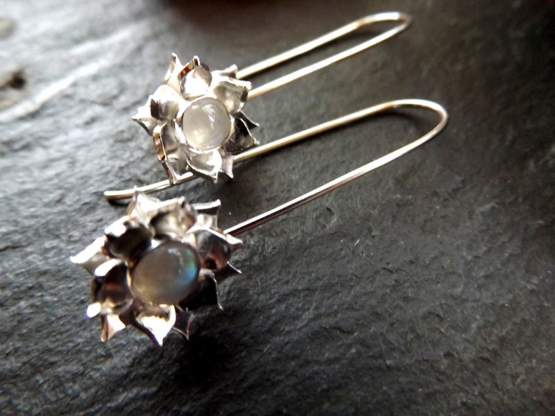 Silver Lotus drop earrings  with moonstone Gemstone, handmade lotus earrings with gemstone