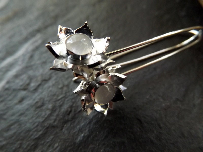 Silver Lotus drop earrings  with moonstone Gemstone, handmade lotus earrings with gemstone