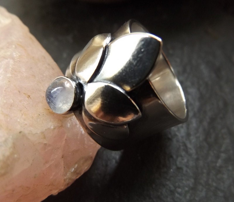 Silver Lotus Ring with moonstone Gemstone Flower statement ring with precious stone