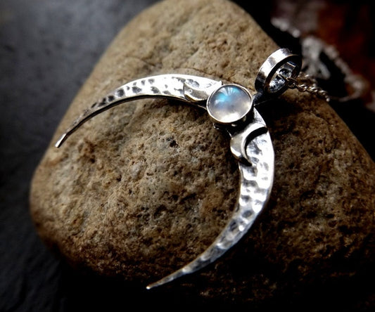 Silver Crescent Moon Hammered  moonstone Pendant with triplemoon detail Textured moon necklace with chain