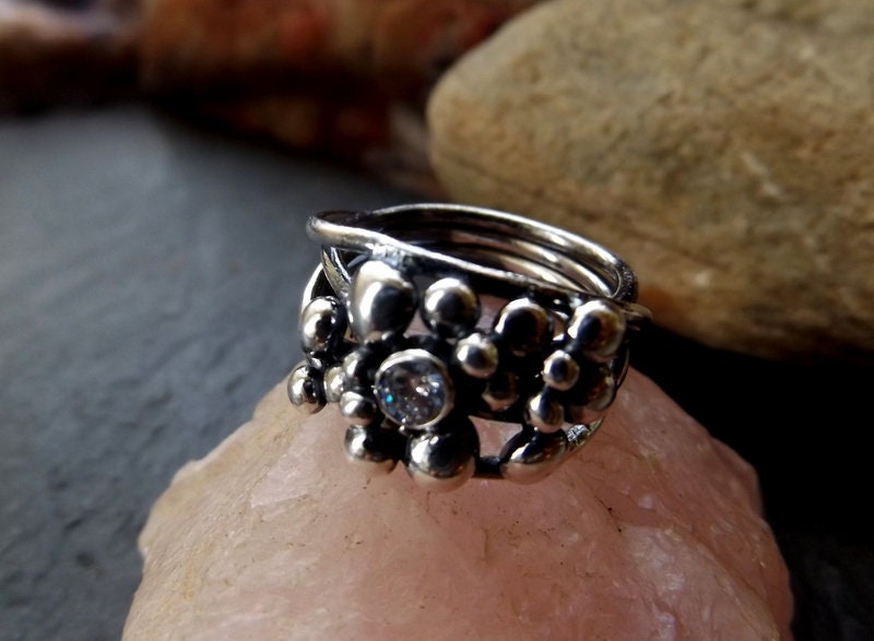 Silver wire oxidised ring with silver balls and cubic zirconian. Wrapped freeform silver ring size 8 /uk Q