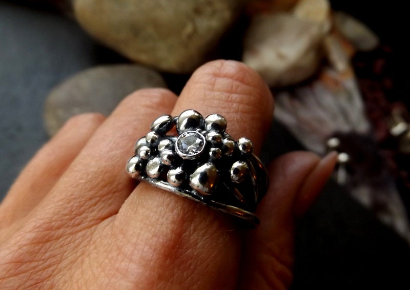 Silver wire oxidised ring with silver balls and cubic zirconian. Wrapped freeform silver ring size 8 /uk Q