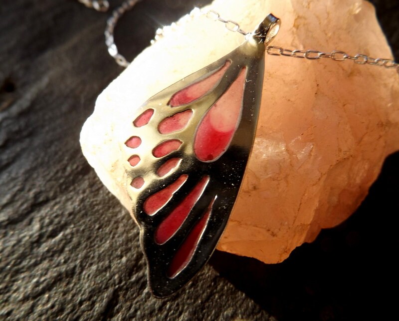 Silver Butterfly wing necklace pendant with pink resin inlay , silver and pink butterfly necklace