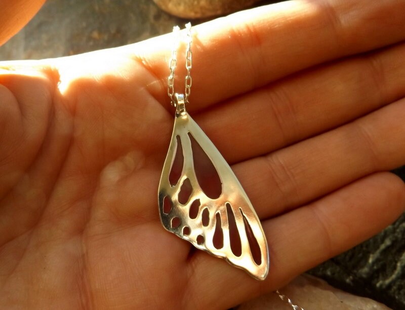 Silver Butterfly wing necklace pendant with pink resin inlay , silver and pink butterfly necklace