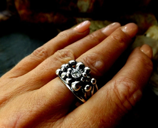 Silver wire oxidised ring with silver balls and cubic zirconian. Wrapped freeform silver ring size 8 /uk Q