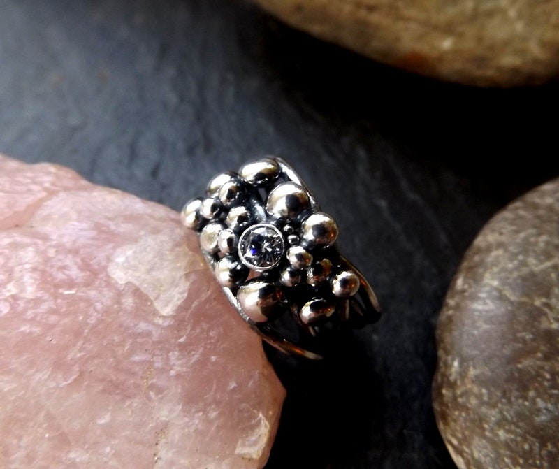 Silver wire oxidised ring with silver balls and cubic zirconian. Wrapped freeform silver ring size 8 /uk Q