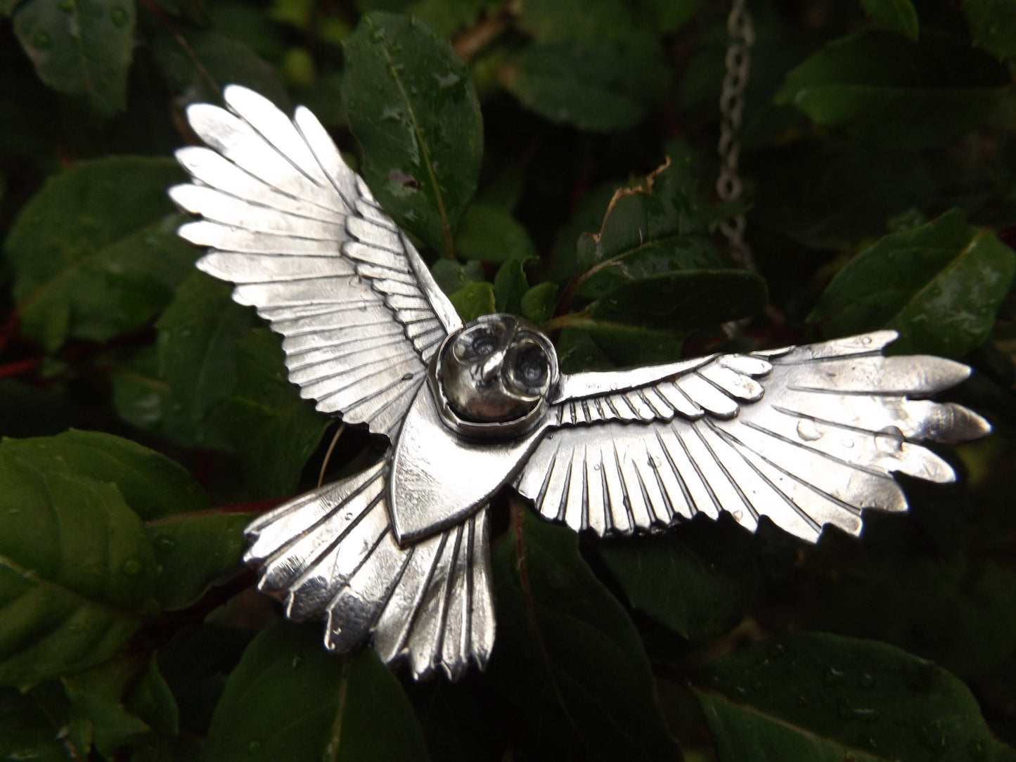 Sterling Silver Flying owl necklace , handmade silver statement owl