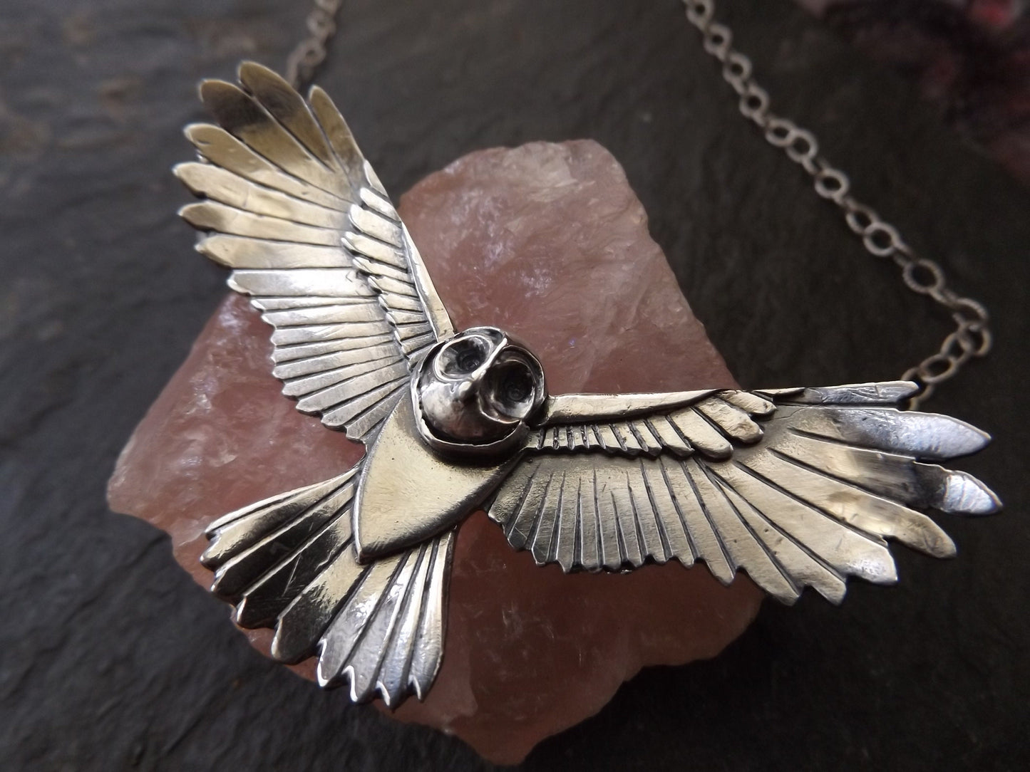Sterling Silver Flying owl necklace , handmade silver statement owl