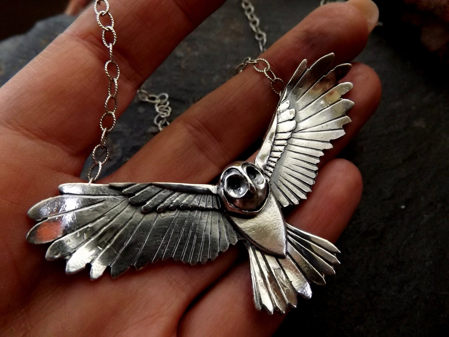 Sterling Silver Flying owl necklace , handmade silver statement owl