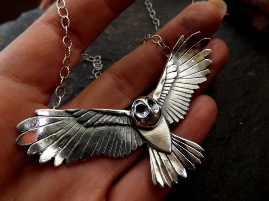 Sterling Silver Flying owl necklace , handmade silver statement owl