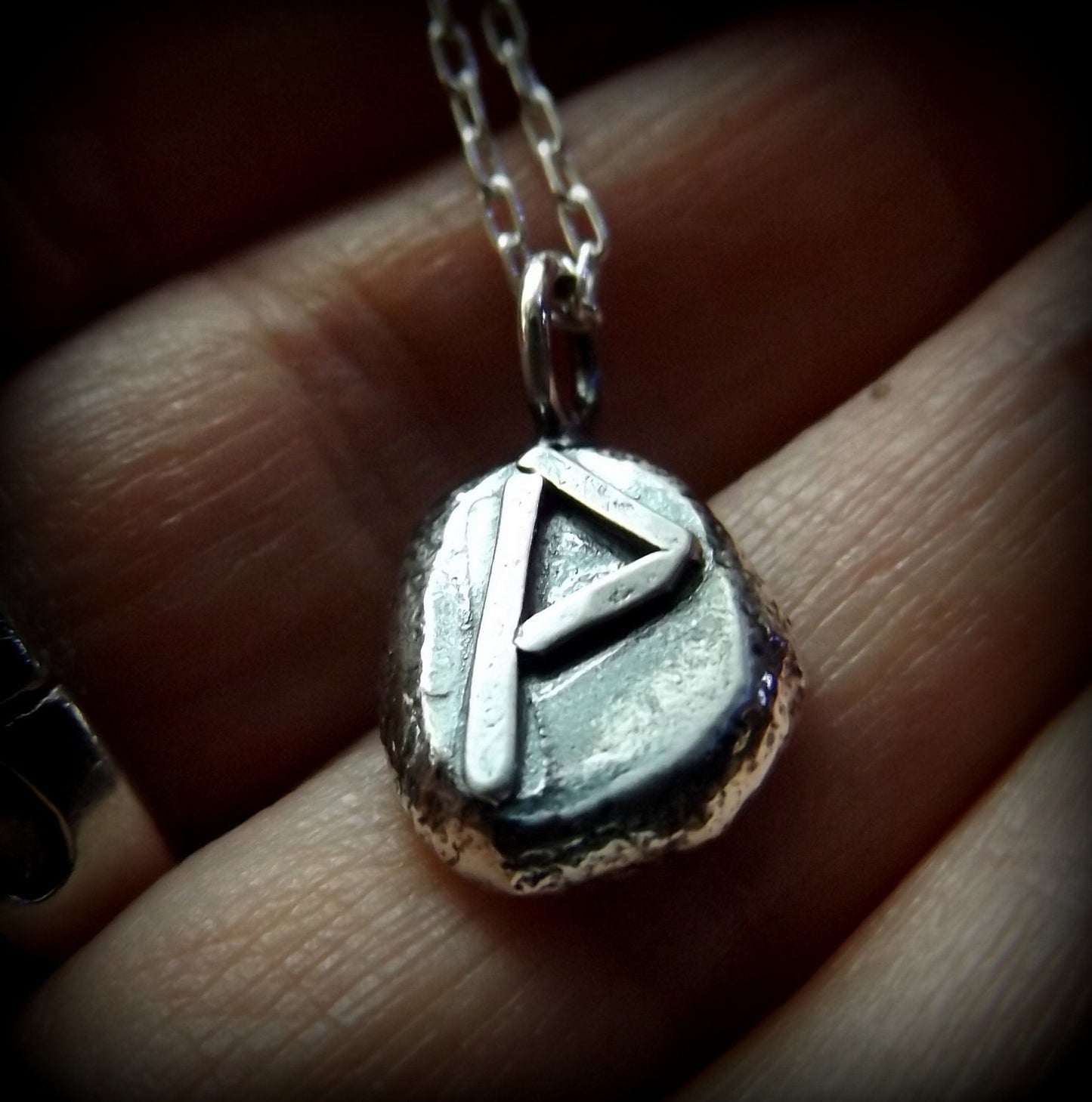 Silver pebble rune necklace ,wunjo, silver hammered pebble pendant