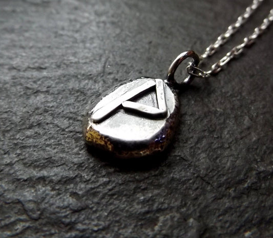 Silver pebble rune necklace ,wunjo, silver hammered pebble pendant
