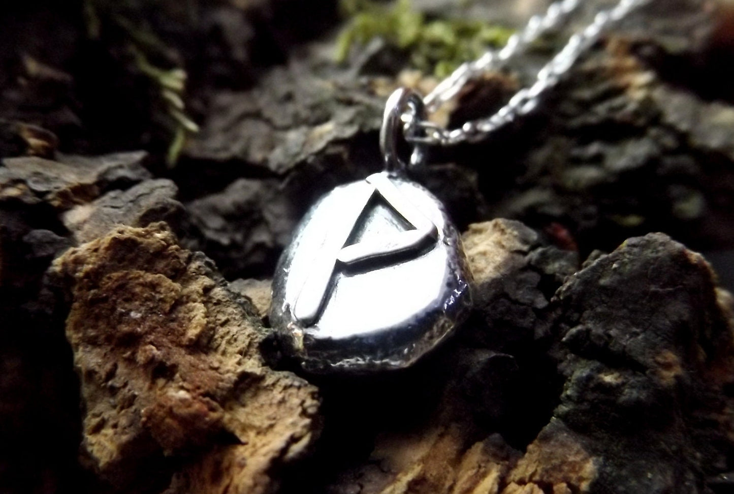 Silver pebble rune necklace ,wunjo, silver hammered pebble pendant