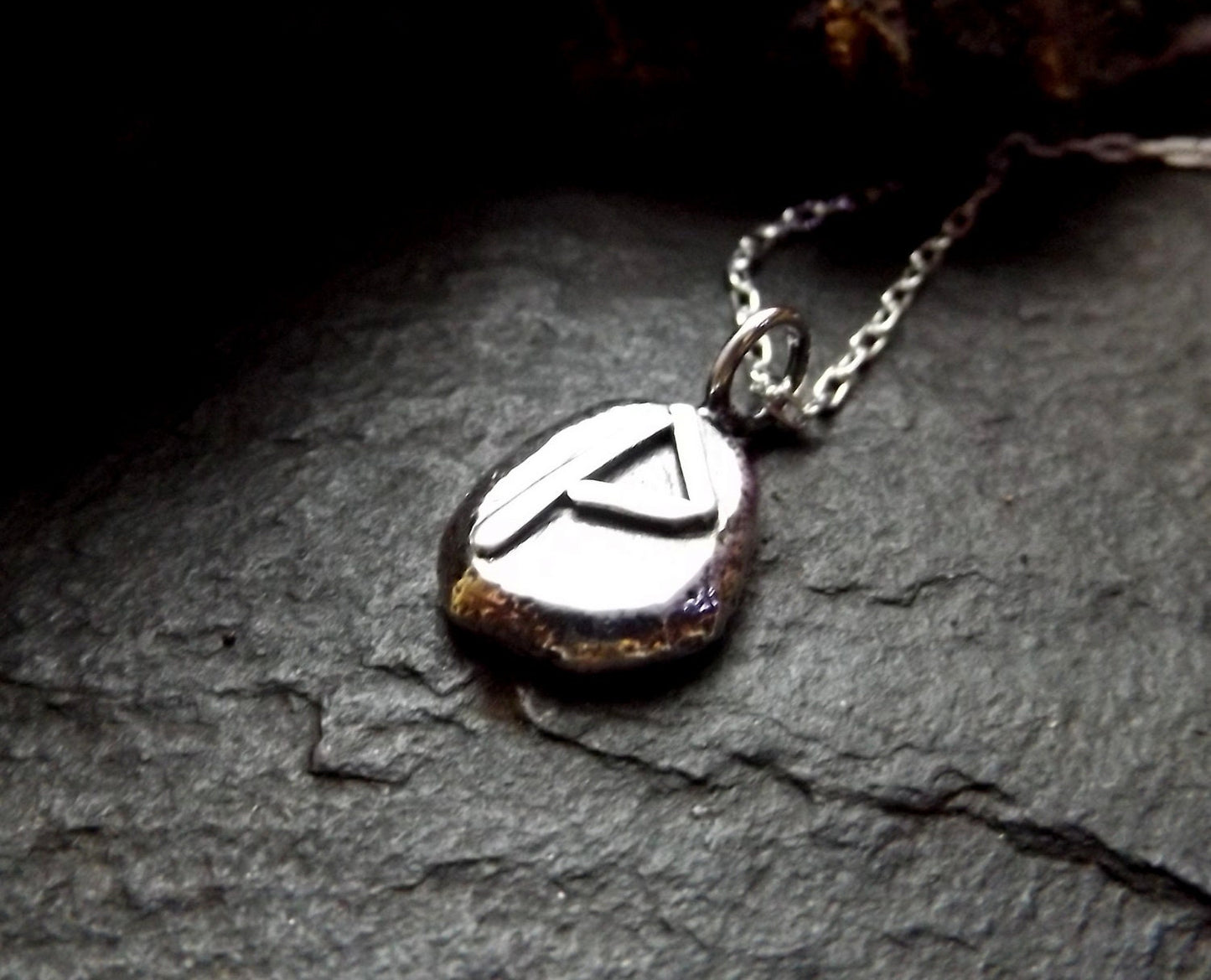 Silver pebble rune necklace ,wunjo, silver hammered pebble pendant