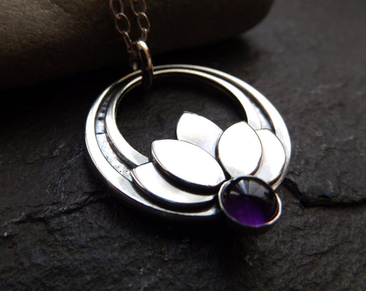 Silver Lotus Flower Amethyst Crescent pendant necklace Sterling Silver Chain Water lily pendant