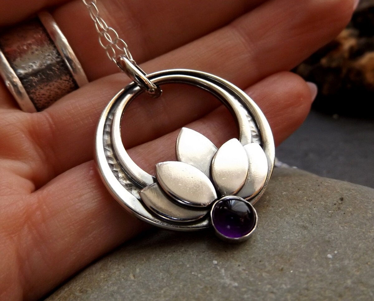 Silver Lotus Flower Amethyst Crescent pendant necklace Sterling Silver Chain Water lily pendant