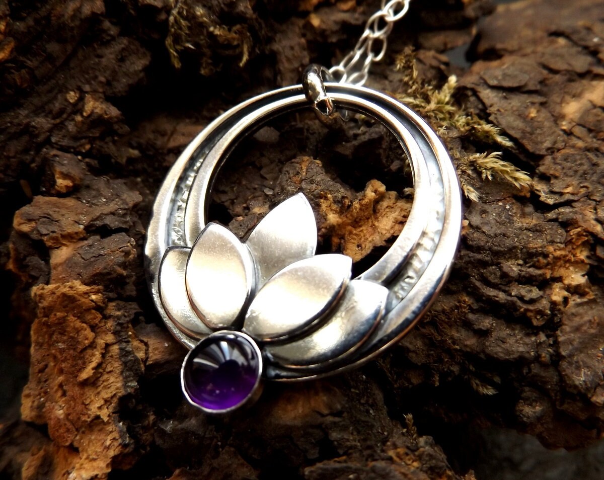 Silver Lotus Flower Amethyst Crescent pendant necklace Sterling Silver Chain Water lily pendant