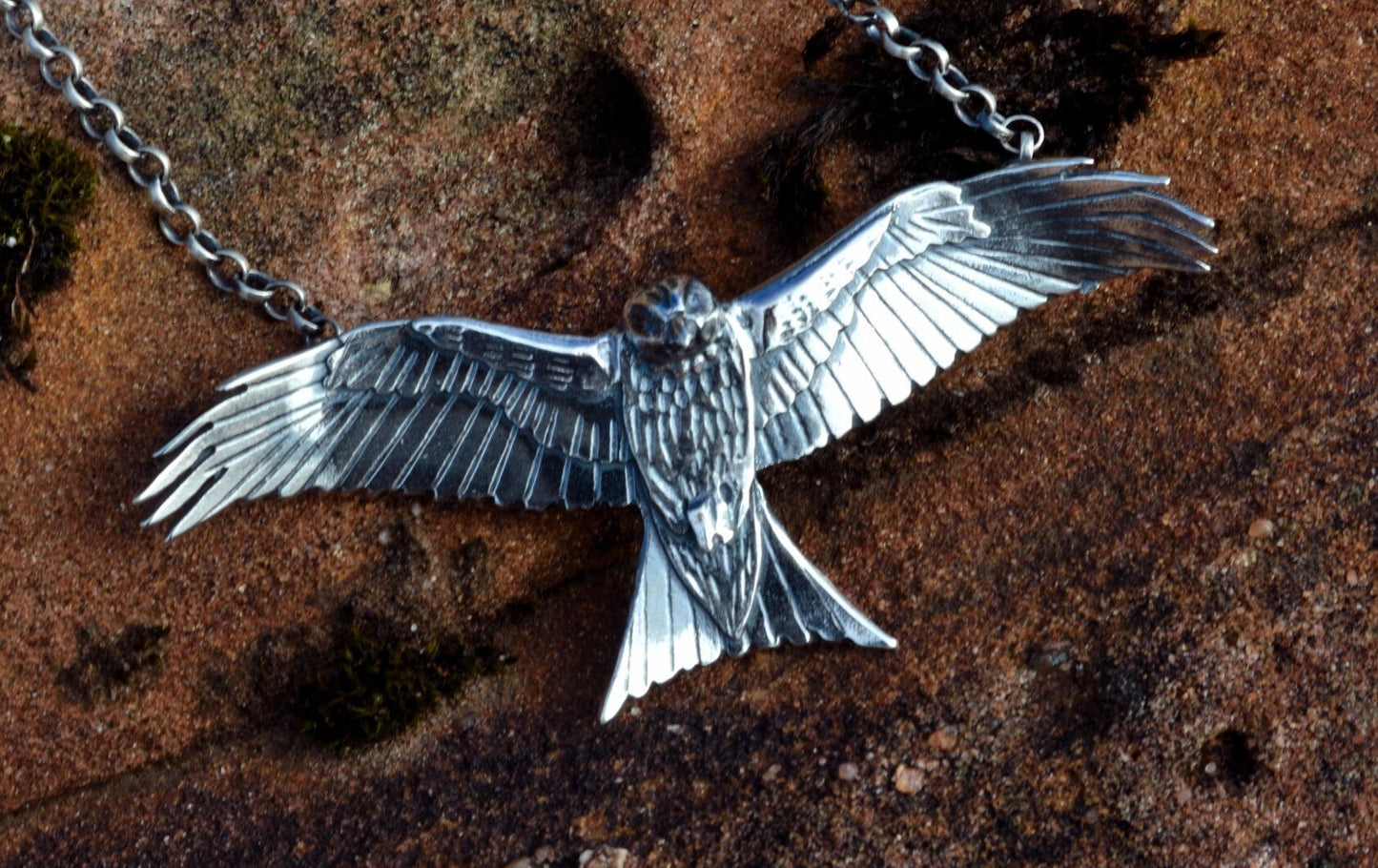 Silver Handmade eagle , red kite pendant , flying sterling eagle necklace with textured details
