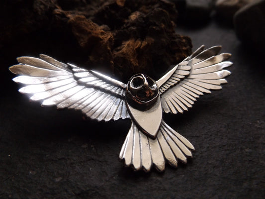 Silver Handmade owl brooch /pin, flying sterling silver owl with textured details