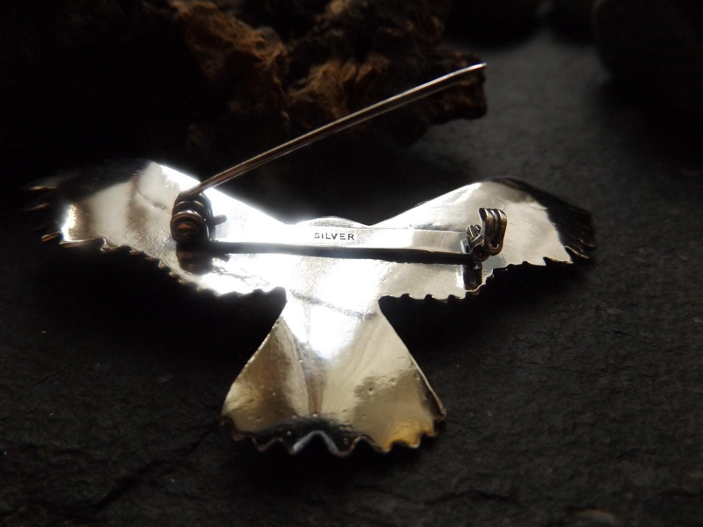 Silver Handmade owl brooch /pin, flying sterling silver owl with textured details