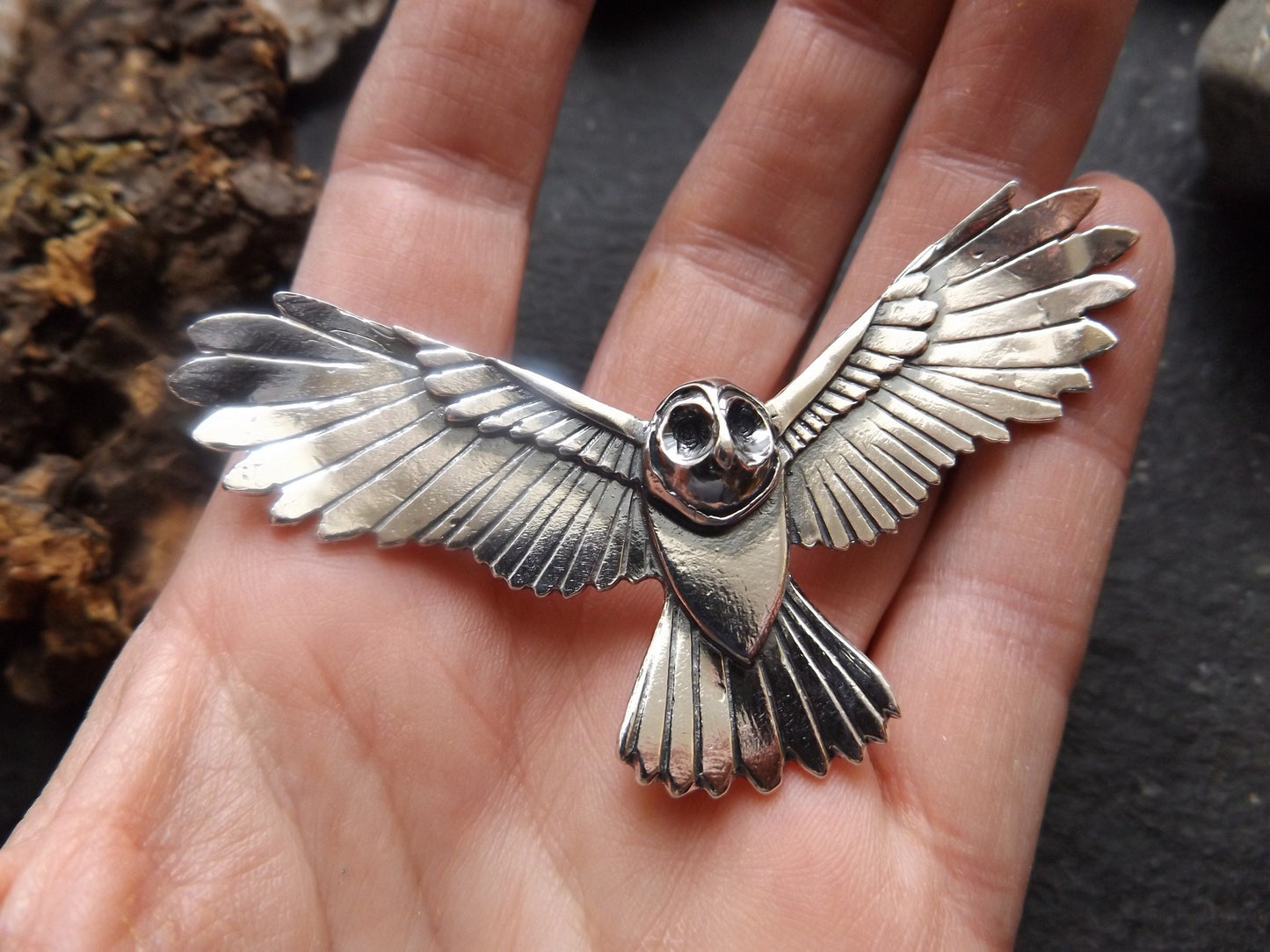 Silver Handmade owl brooch /pin, flying sterling silver owl with textured details