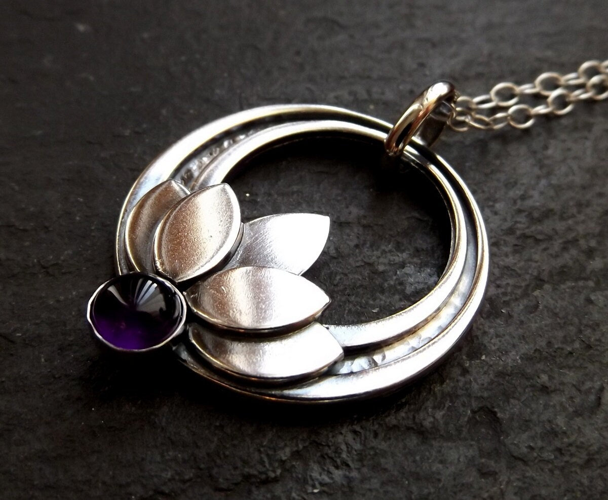 Silver Lotus Flower Amethyst Crescent pendant necklace Sterling Silver Chain Water lily pendant