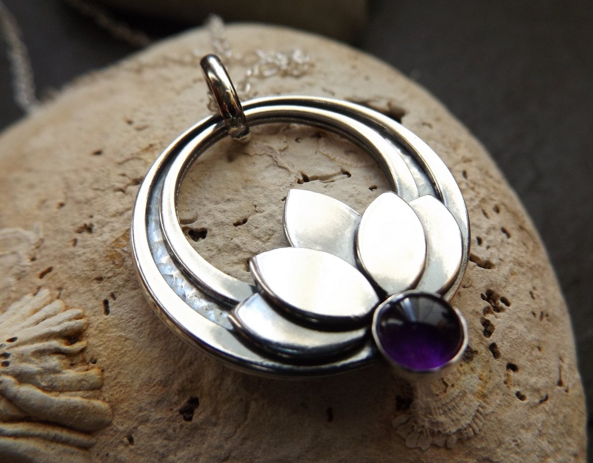 Silver Lotus Flower Amethyst Crescent pendant necklace Sterling Silver Chain Water lily pendant