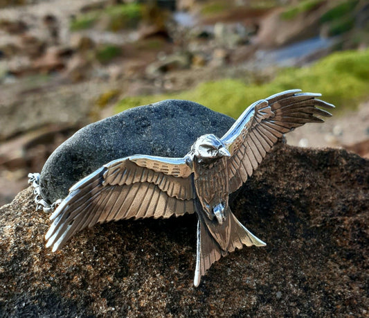 Silver Handmade eagle , red kite pendant , flying sterling eagle necklace with textured details