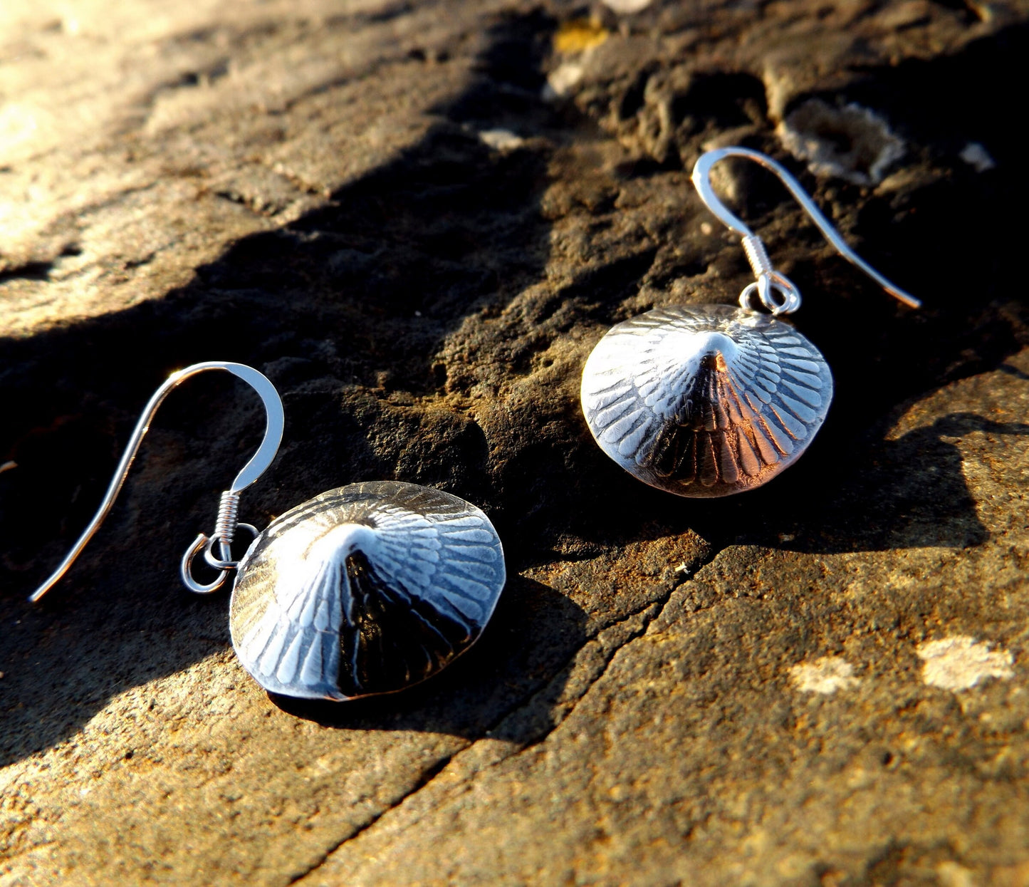 Sterling silver shell limpet  style drop earrings, beach inspired textured oxidised dangle earrings