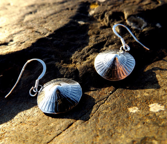 Sterling silver shell limpet  style drop earrings, beach inspired textured oxidised dangle earrings