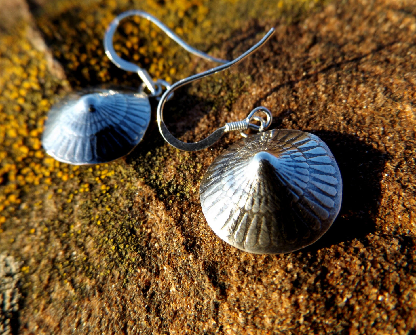 Sterling silver shell limpet  style drop earrings, beach inspired textured oxidised dangle earrings