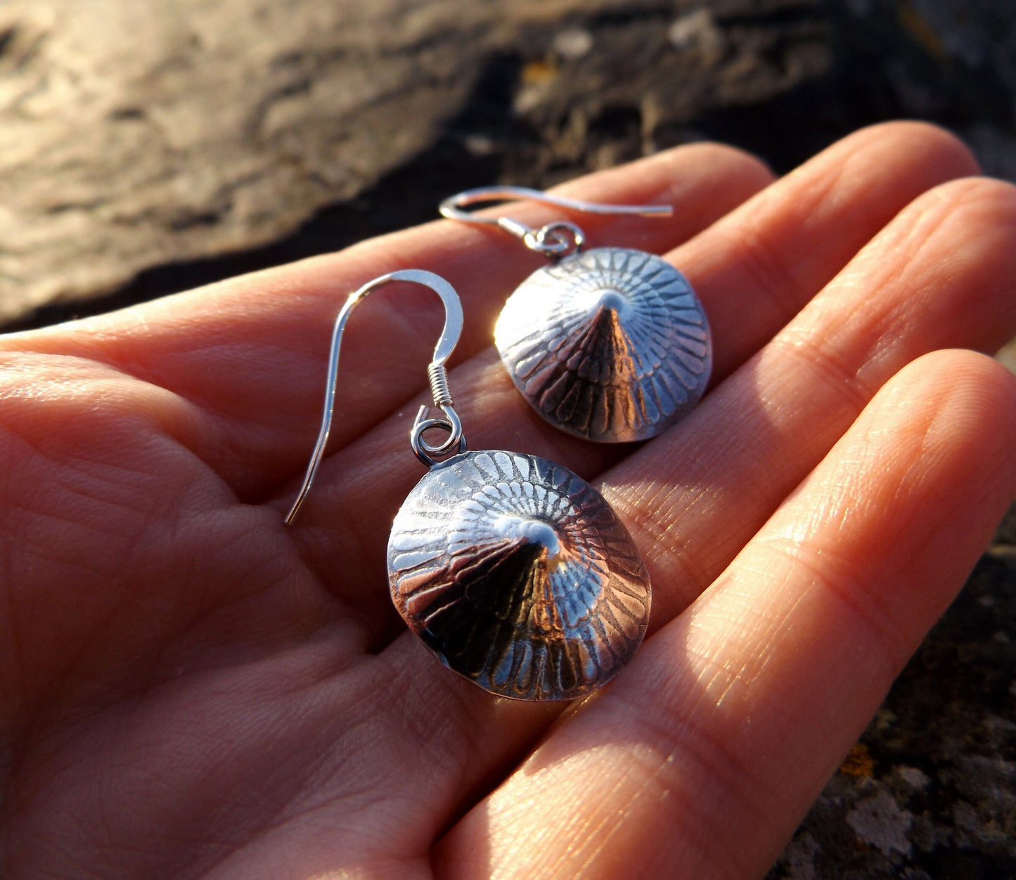 Sterling silver shell limpet  style drop earrings, beach inspired textured oxidised dangle earrings