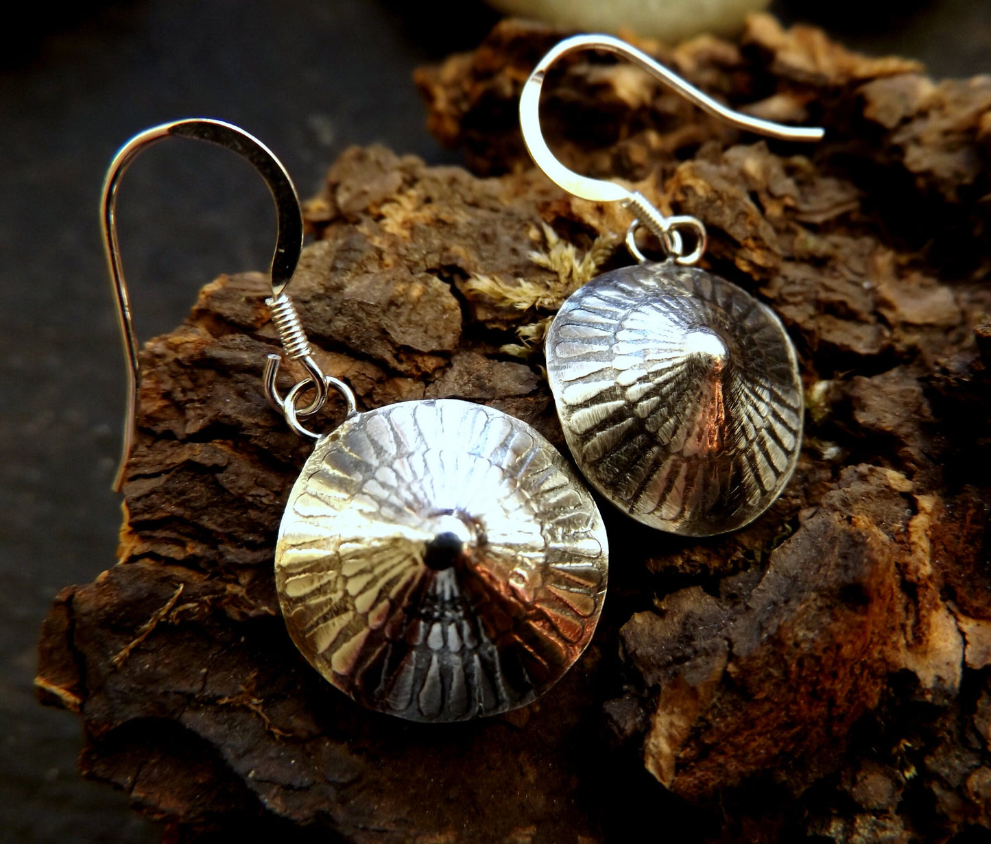 Sterling silver shell limpet  style drop earrings, beach inspired textured oxidised dangle earrings