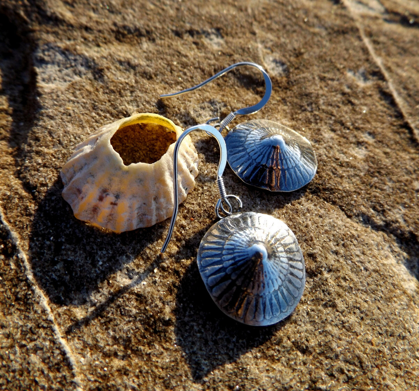 Sterling silver shell limpet  style drop earrings, beach inspired textured oxidised dangle earrings