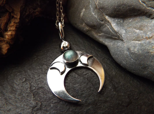 Silver labradorite crescent moon lunala necklace , silver inverted moon necklace with triple moon detail