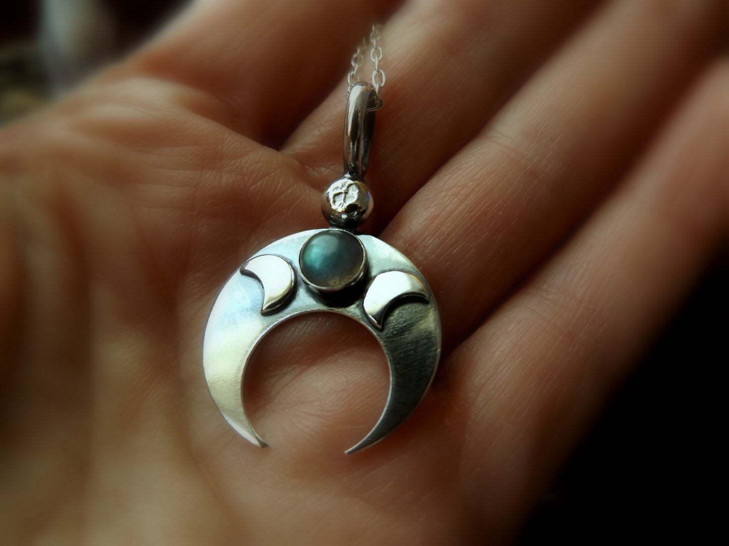 Silver labradorite crescent moon lunala necklace , silver inverted moon necklace with triple moon detail