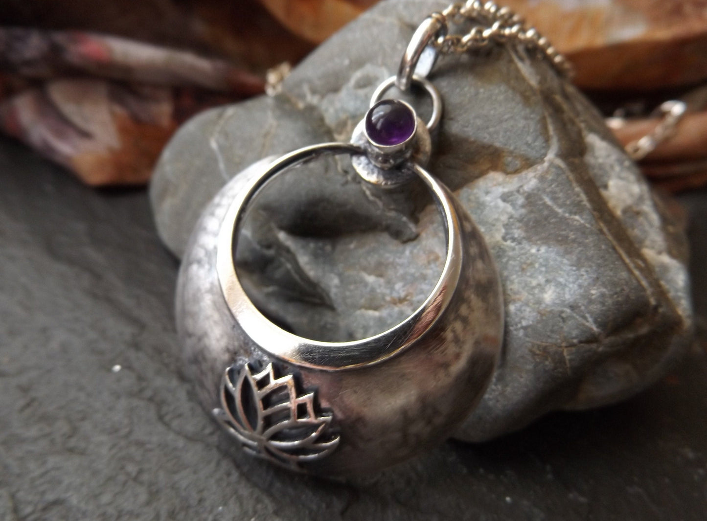 Silver Crescent Moon lotus pendant with amethyst . silver large crescent three dimensional moon