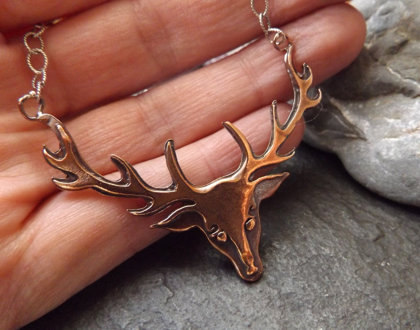 Copper handmade large stags head antler necklace , copper deer antler pendant