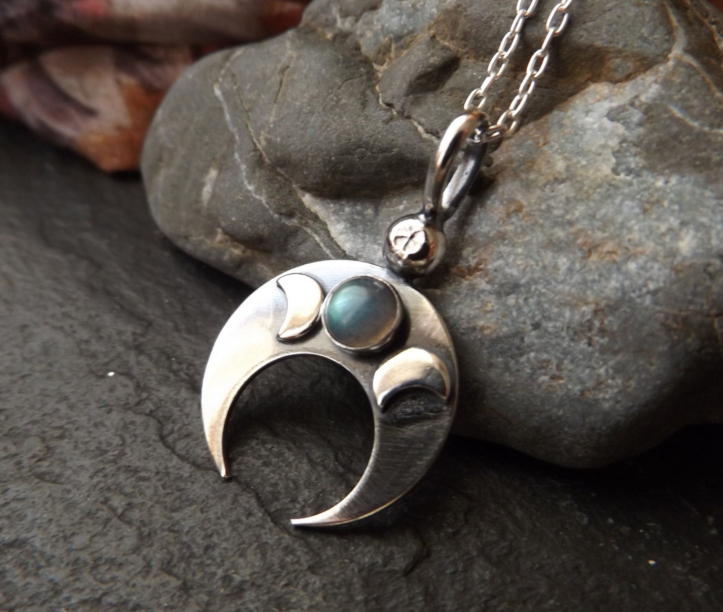 Silver labradorite crescent moon lunala necklace , silver inverted moon necklace with triple moon detail