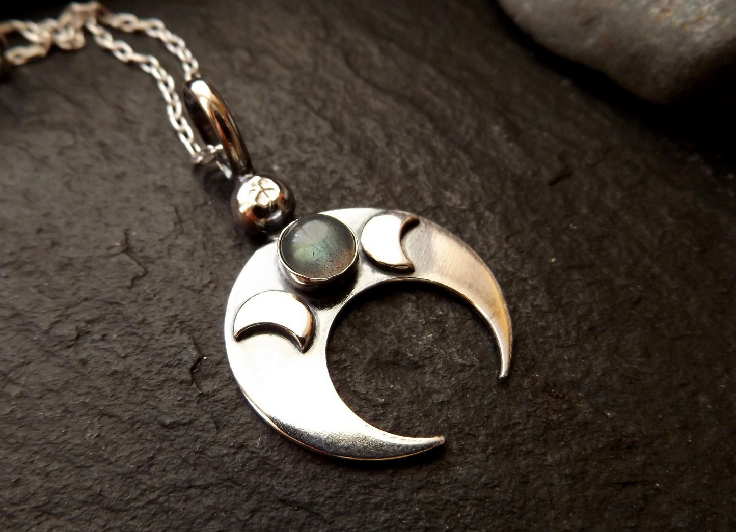 Silver labradorite crescent moon lunala necklace , silver inverted moon necklace with triple moon detail