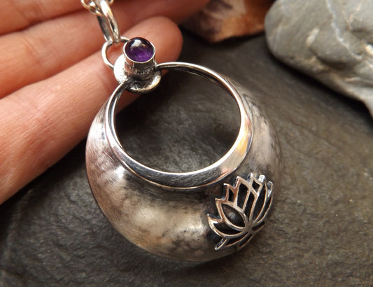 Silver Crescent Moon lotus pendant with amethyst . silver large crescent three dimensional moon