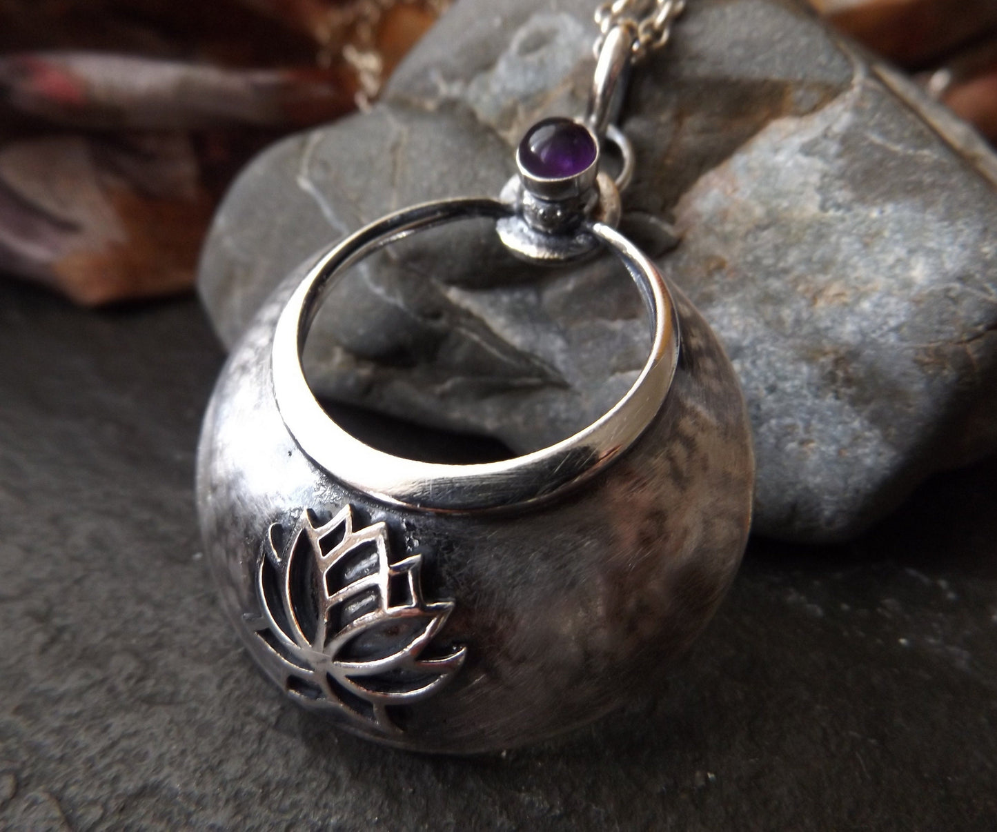 Silver Crescent Moon lotus pendant with amethyst . silver large crescent three dimensional moon