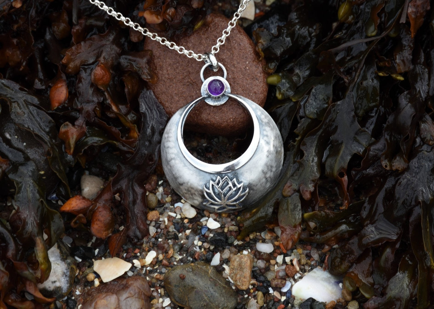 Silver Crescent Moon lotus pendant with amethyst . silver large crescent three dimensional moon